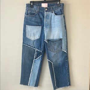 REVICE Blue Patchwork Cropped Jeans Size 8